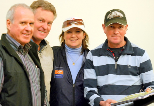 L-R Dave Fisher (tasracing Chief Racing Officer), Paul Williams (harness trainer), Gai Gauci and thoroughbred trainer John Luttrell at the skills training workshop
