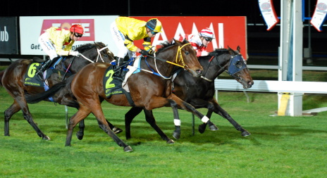 Omega Quest (Stephen Maskiell) powers home to defeat Ben Annalou in the Benchmark 78 Handicap over 1600 metres

