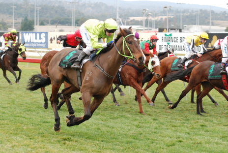 North Lodge (Kelvin Sanderson) storms home to win the Benchmark 68 over 1620m in Launceston
