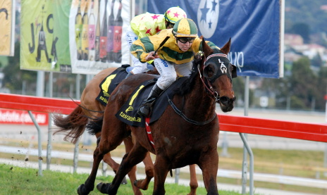 Rhagan Cross grits her teeth as she urges Aslanyon to victory in a class one handicap at Tattersall's Park
