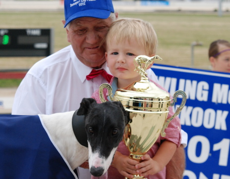 Rewind with his trainer Morrie Strickland and his grandson Alex Miller after the win
