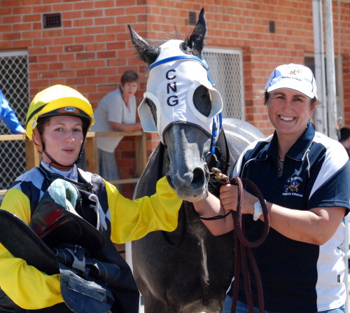 Apprentice Talia Rodder and co-trainer Luella Meaburn with Argentogris after the grey filly's narrow win
