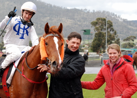 Gee Gee's La Quita with trainer Stuart Gandy and Ruth Woolley after Rasit Yetimova rode her to victory in Hobart late last year
