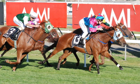 Allgone (Casey Bruce) forges clear of Dazzling Day (rails) and Ground Control to win her maiden in Launceston
