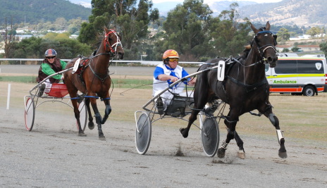 Margin Girl (Paul Ashwood) on her way to easily winning the New Norfolk RSL Pace (C0) from Hes No Saint
