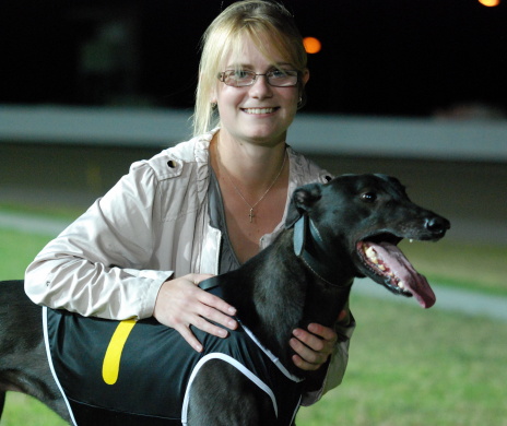 Soliloquy with handler Claire Robins after the dog's impressive debut win in Hobart
