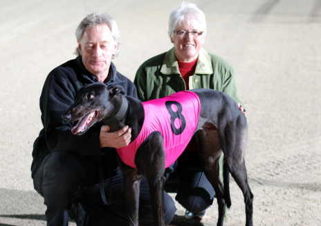 New Recruit with trainer Mick Stringer and owner Carlene Cuthbertson after the Silver Trophy final
