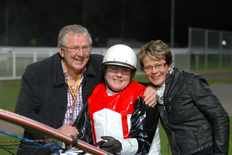 Hugo Play's trainer-driver Kate McLeod is congratulated by Bill and Tamra Fawdry
