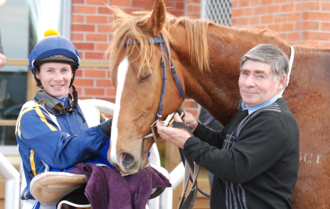 Tiger Jack with trainer Peter Brazil and his daughter, jockey Shannon Brazil
