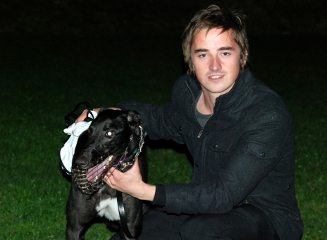 Fabregas with his trainer David Hurst after the dog sdolo trialled in 25.90s at Tattersall's Park last Thursday night
