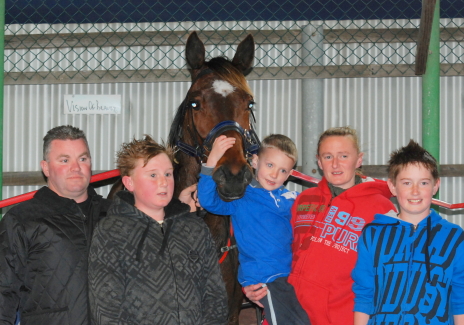 Ultimate Escape with trainer Wayne Watson (left) and his three sons, (L-R) Austin, William and Fletcher and stablehand Lisa McLaine