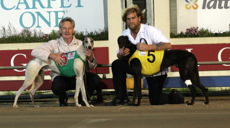 Bearville Phil with trainer Mick Stringer (left) and Bearville Boy with owner-breeder-trainer Gerard
