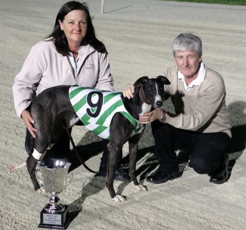 Perfect Socks with trainer Denise Fysh and her partner Laurie Hills after Easter Cup win
