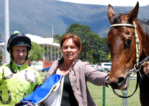 Prefer A Kiss with trainer Rhonda Hall and jockey Kelvin Sanderson after the win
