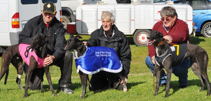Neil Sargison, Gary Fahey and Leigh Alexander with Tuesday’s Puppy Championship placegetters Rip And Tear, Soul Sister and Breaker’s Tip.