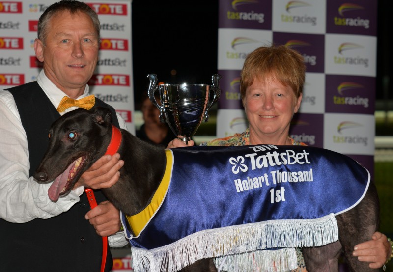 Above All with trainer  Robbie Britton and New Zealand owner Allison Lee after the dog's Hobart Thousand win