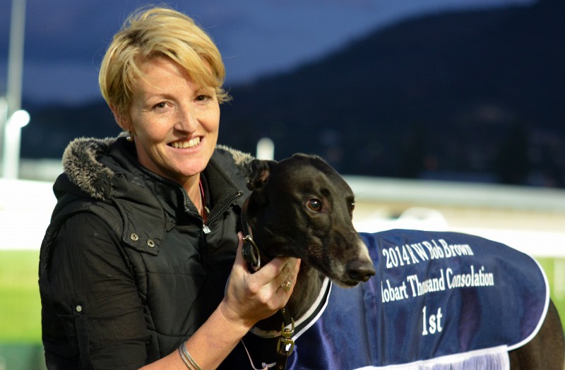 Walk Hard with owner-trainer Nicole Mcrae after he won the Bob Brown Memorial (Hobart Thousand Consolation) clocking 25.91.