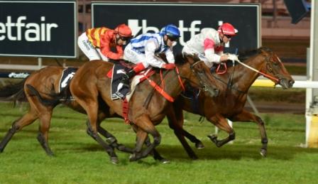 Ryan's Daughtrr (Bulent Muhcu) about to collar Shayana (Daniel Ganderton) in the Thousand Guineas