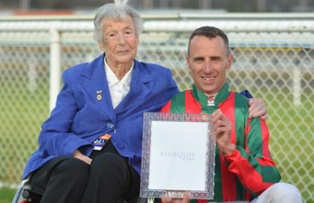 Sylvia Blyth with winning jockey Brendon McCoull who guided Siorce to victory