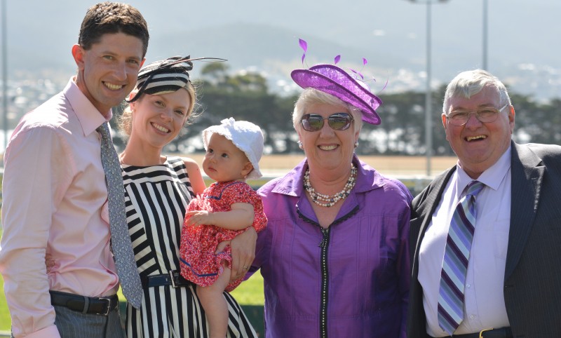 Geegees Goldengirl connections (L-R) trainer Stuart Gandy and his wife Ruth and child Elsie and owners Elizabeth and Paul Geard