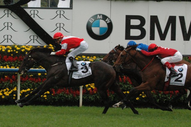 Mongolian Khan winning the $2 million Group 1 Australian Derby: Photo courtesy of Racing and Sports