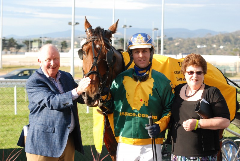 Motu Crusader with owners Merv and Meg Butterworth and driver Grant Campbell after his Tasmania Cup win two years ago